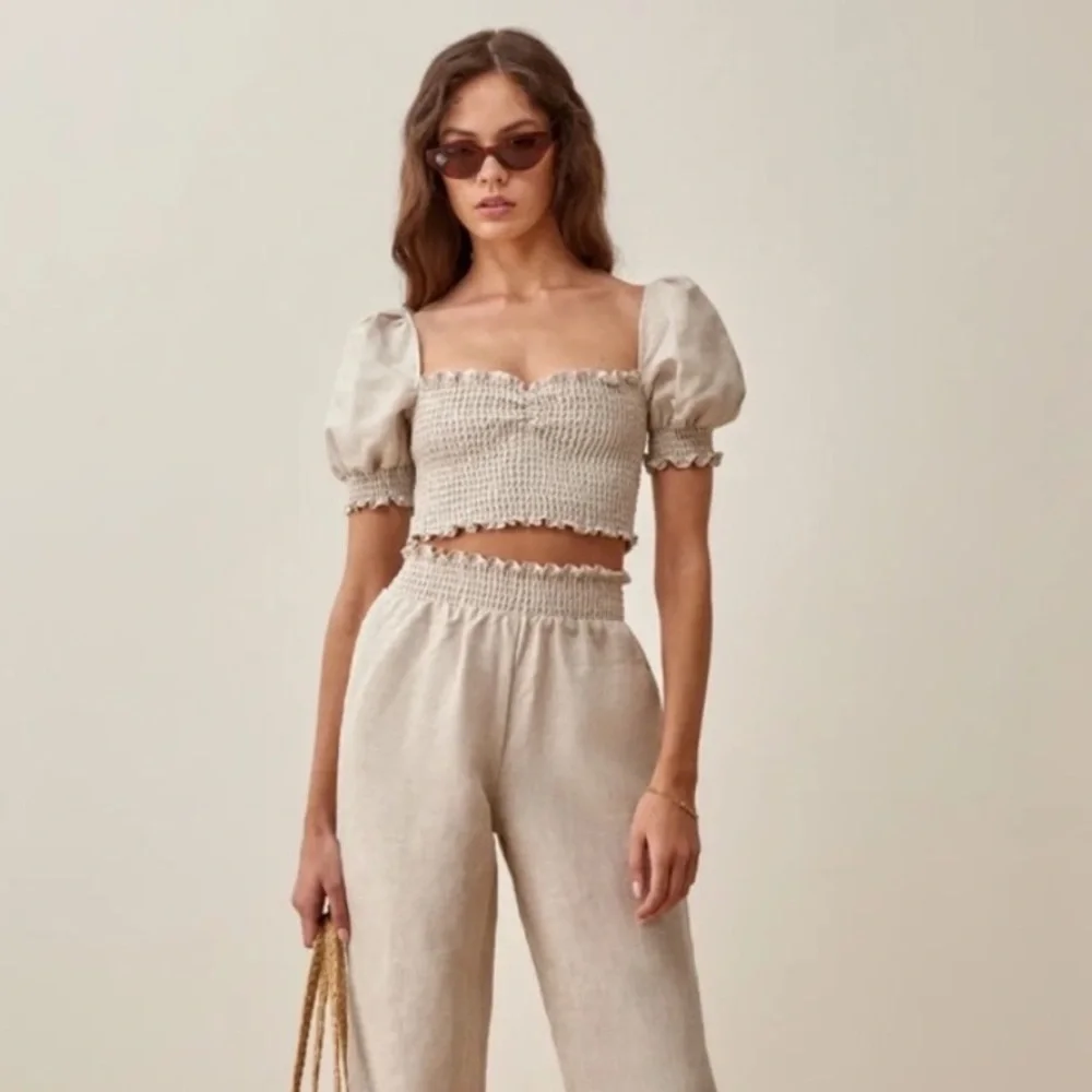 Reformation Mora Linen Top Oatmeal